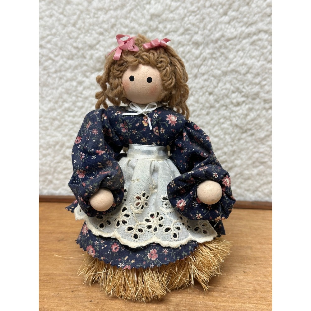 Vintage Kitchen Witch Broom Doll Navy Floral Calico Eyelet Lace 7.5 Inch